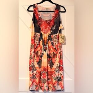 One World XL Boho Fairycore Dress Crochet Lace Studded Floral Festival Flowy